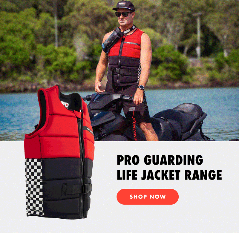 Rotating GIF of Pro Guarding red and black life jacket overlayed on lifestyle image of waterman on jet ski wearing lifejacket